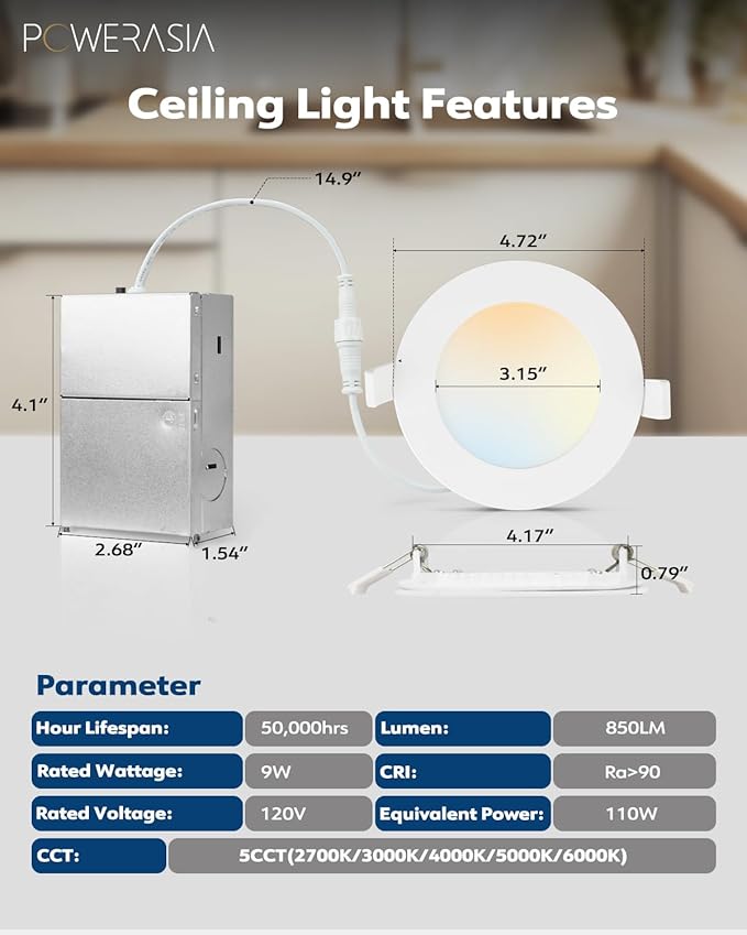 6 Pack 4 Inch LED Recessed Lights with Junction Box, Recessed Lighting 4 Inch 5CCT Dimmable 2700K-6000K, 9W 850lm Canless Downlight-ETL and Energy Star Certified