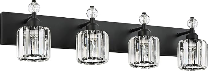 PRESDE Crystal 4- Light Vanity Light for Bathroom，Modern Matte Black Bathroom Lights Fixtures Over Mirror Wall Sconce
