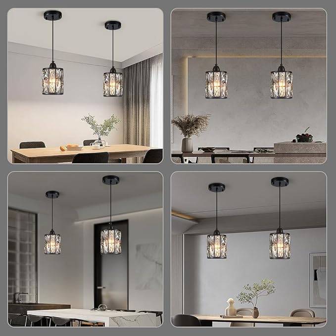 3 Pack Crystal Hanging Kitchen Island Pendant Light Black Finish Concise Fixture Crystal Plate Metal Shade for Bar Dining Room Living Room Over Sink Ceiling