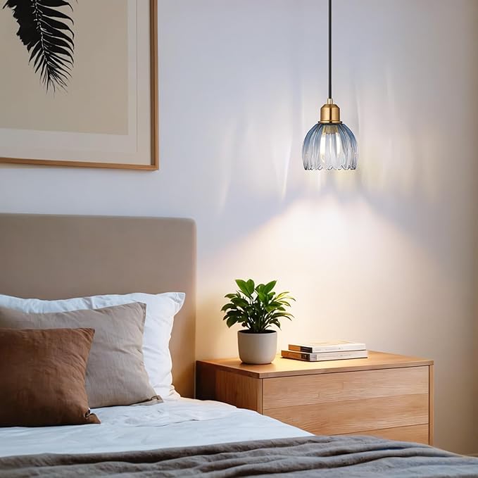 TALOYA Pendant Light with Blue Tulip Glass Lampshade, Brass Vintage Pendant Light Adjustable Hanging Light for Kitchen Island Bedroom Dining Room Hallway& Bar