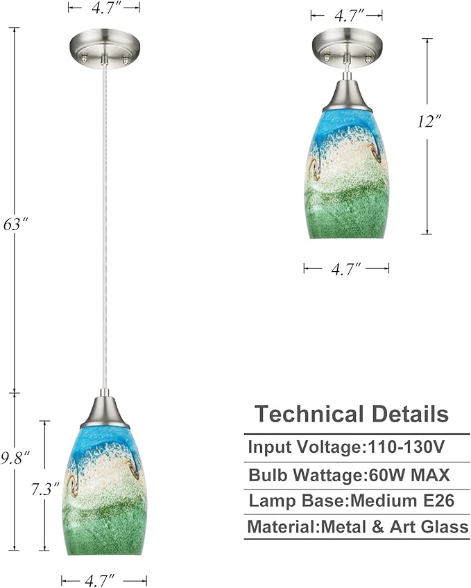 karyfine Mini Glass Pendant Lights,Blown Art Glass Pendant Hanging Light Fixtures Kitchen Island Pendant Lamp Shade with Brushed Nickel Finish for Bar Counter,Hallway,Dining Room Multi color-1P