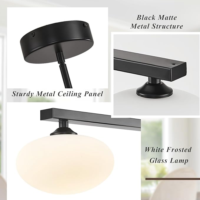 5-Light Linear Chandelier, Black Kitchen Island Light, Mid Century Globe Chandelier, Dining Room Light Fixture with Milk Glass Shades