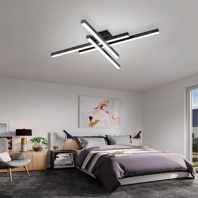 Modern LED Ceiling Lights 43.3" Black Flush Mount Ceiling Light Fixture Sputnik Dimmable Ceiling Lights with Remote Control for Bedroom Living Room Kitchen Room(4 Lights)