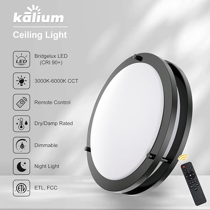 Kalium LED Ceiling Light with Remote 14 Inch Flush Mount Ceiling Light Fixture, 24W 3000K-6000K Adjustable Color Temperature, Dimmable Lighting Fixtures for Kitchen Bedroom Hardwired Installation