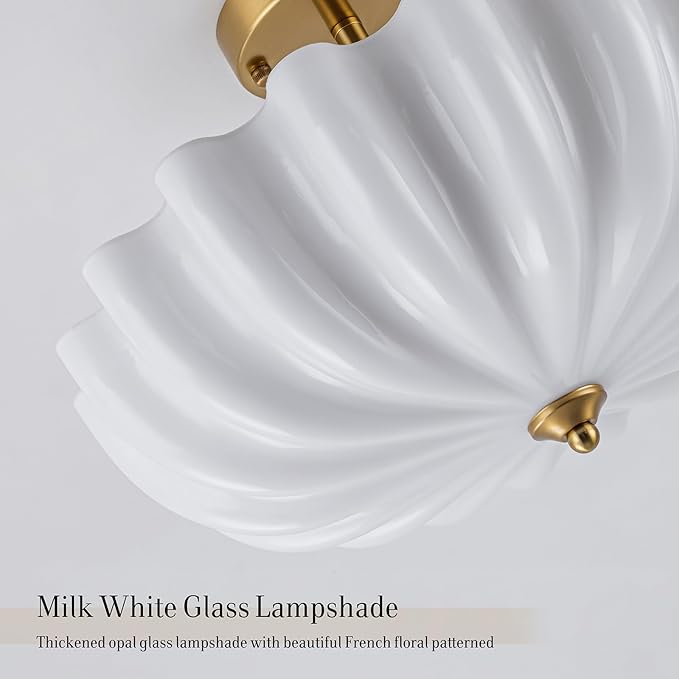 Milk Glass Ceiling Light Fixture, 15.7'' Vintage Gold Semi Flush Mount Ceiling Light, 3-Light Brass Modern Ceiling Light for Hallway Entryway Foyer Living Room,E26