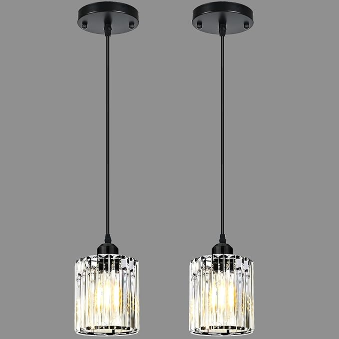 Black Pendant Lights for Kitchen Island, Elegant Modern Island Lights for Kitchen with Crystal Glass – Luxury 2 Pack Pendant Lights for Kitchen Island, Dining Table, Entryway, Restaurant