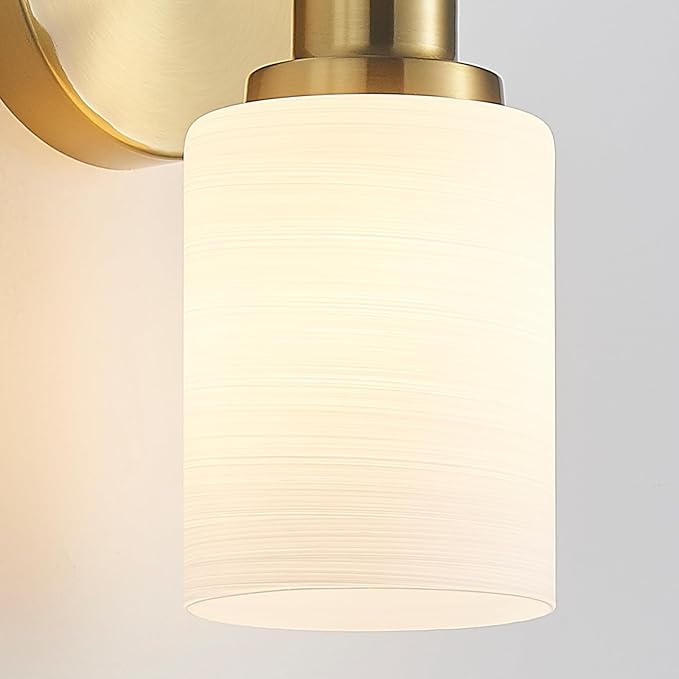 6-Light Vanity Lights, Brushed Gold Bathroom Light Fixture with Striped Textured Milky White Glass Shade, E26 Wall Sconce, Modern Vanity Lighting Fixture for Bathroom Wall Light Over Mirror