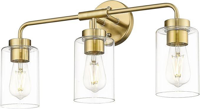 zeyu 3-Light Vanity Lighting Fixtures, Modern Vanity Lighting Fixtures Over Mirror with Cylinder Clear Glass Shade, Brushed Gold Finish, ZS62B-3W BG