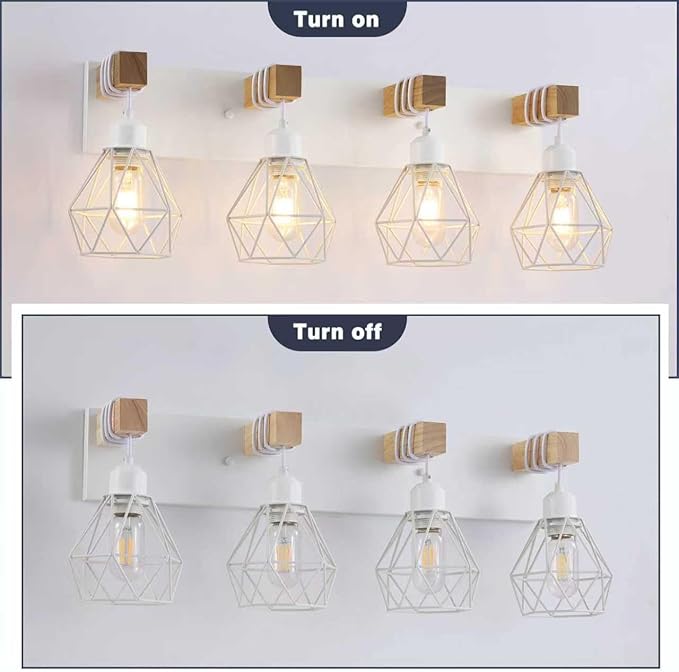 White Bathroom Vanity Light Fixtures, 4-Light Wood Bathroom Light Fixtures Over Mirror, Rustic Sconces Wall Lighting with Elegant Metal Lampshade for Living Room, Bedroom, Hallway