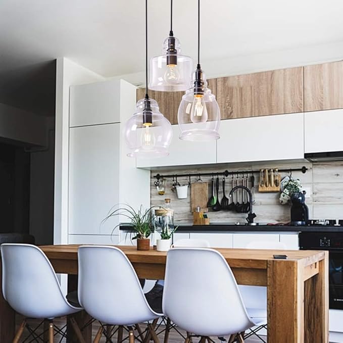 Wellmet Glass Pendant Light Fixtures for Dining Room, Hanging Modern Cluster Pendant Chandelier for Bedroom, 3 Lights Linear Barn Ceiling Kitchen Island Light for Foyer, Hallway