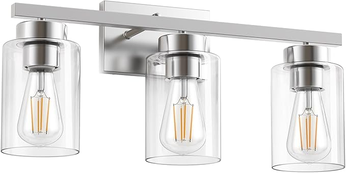 PARTPHONER 3-Light Bathroom Light Fixtures, Brushed Nickel Vanity Light with Clear Glass Shade, Modern Wall Sconce for Mirror Bedroom Living Room Hallway Lighting