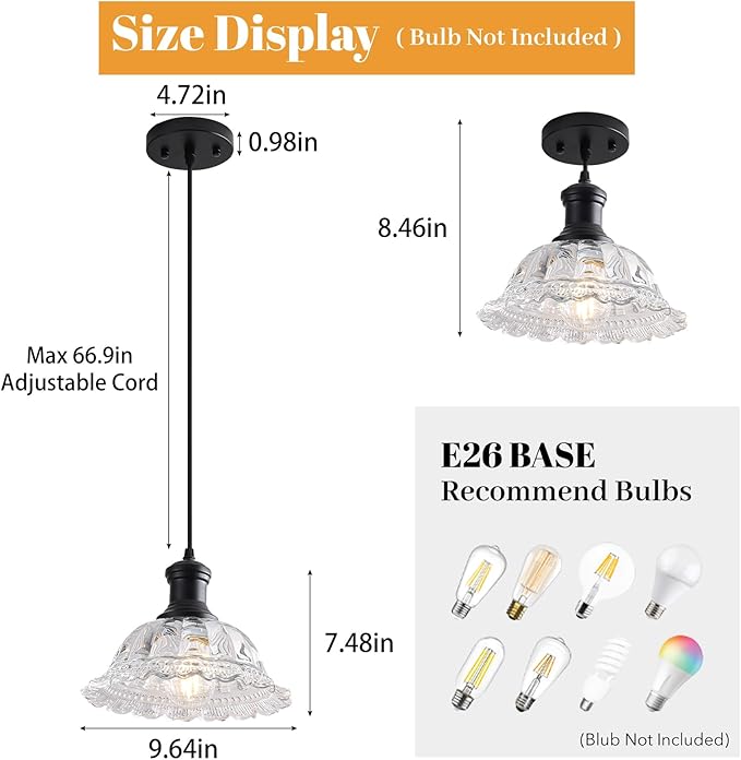 Vintage Pendant Light, Glass Pendant Light Fixture with Flower Clear Shade, Farmhouse Black Pendant Lighting for Kitchen Island, Dining Room, Bedroom, Living Room, Entryway, Hallway