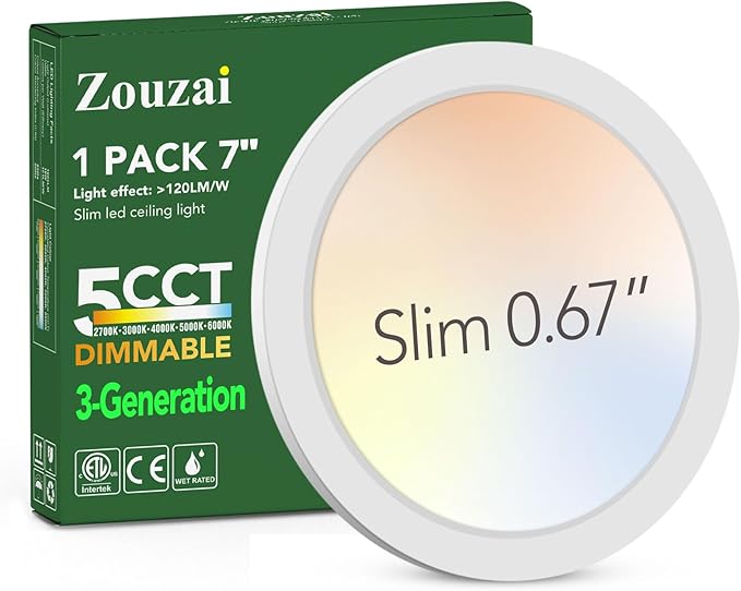 zouzai 3rd Gen 7-Inch Ultra-Thin LED Flush Mount Ceiling Light, 0.67" Low-Profile for Low Ceilings, 15W 1510LM, Dimmable 5CCT (2700K-6000K), Fire-Retardant, ETL Listed & Energy Star, Damp Rated