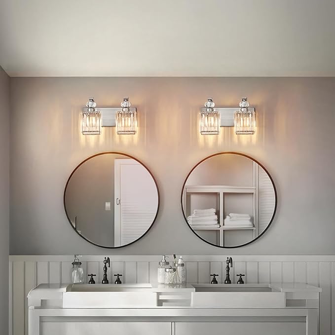 Modern Bathroom Vanity Light, 2-Light Nickel Bathroom Lighting Fixtures Over Mirror, 12.6" Crystal Wall Light Sconce for Bathroom/Bedroom/Vanity, Includes LED Bulbs, Easy Installation