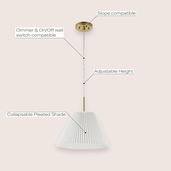 JONATHAN Y 14.25" Brass Gold 1-Light Iron Pendant Light, Classic French Country with White Pleated Shade, Adjustable Height Vintage Shabby Chic Style, LED Bulb Included JYL2407A
