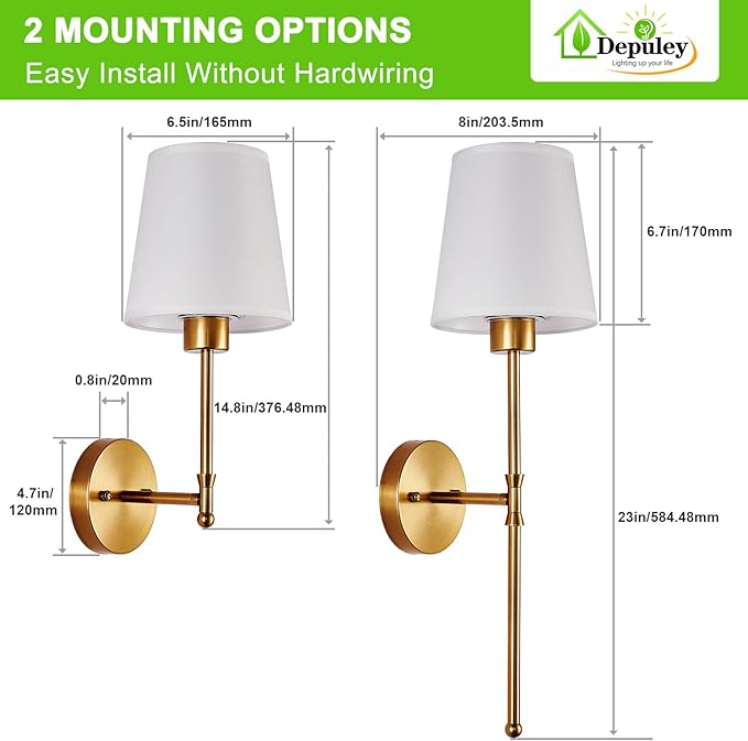 Depuley Battery Operated Wall Sconce: Set of 2 Wireless Wall Lights with Remote for Bedroom - Rechargeable 15 Colors Gold Wall Lamp for Living Room Hallway (Pack of 2)