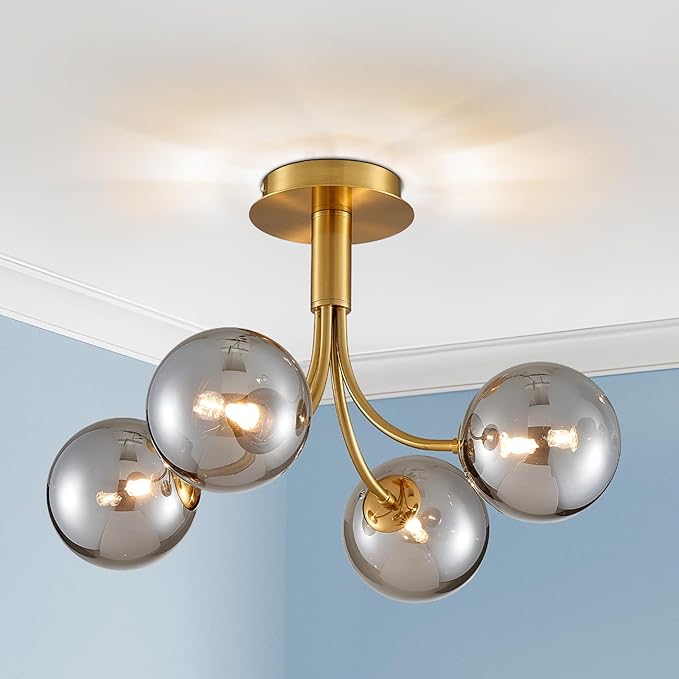 AGV Lighting Modern Semi Flush Mount Ceiling Light Fixture, 4-Light Gold Flush Mount Chandelier with Smoky Silver Glass Globe Shades, 18" L x 12" H Metal Ceiling Lamp for Bedroom, Dining Room, Kitchen