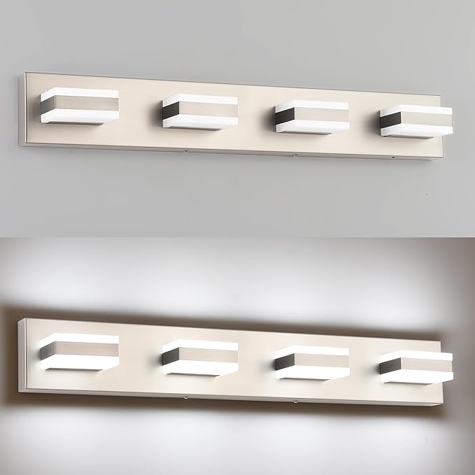 SOLFART Bathroom Vanity Lights Brushed Nickel Light Fixtures for Bathroom Above Mirror 4 Light Led Lights Bath Lighting Fixture Nickel