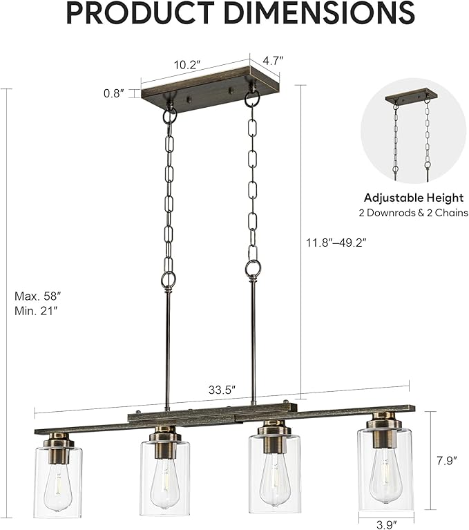 VONLUCE Kitchen Island Lighting, Dining Room Light Fixture Over Table with Glass Shade