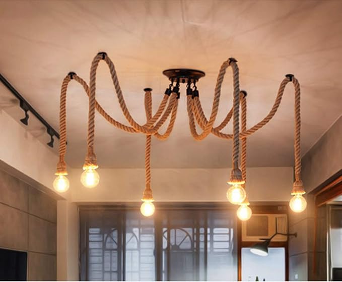 Pendant Light Hemp Rope Chandelier Vintage Ceiling Light Industrial Iron Metal Ceiling Lamp Edison E27 Loft Retro Style 6 Heads