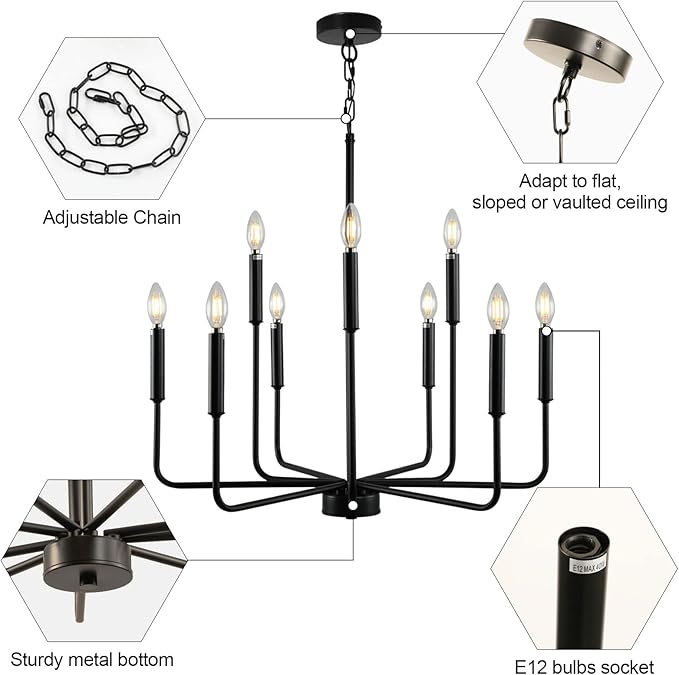 Black Chandeliers for Dining Room Light Fixture Over Table, Modern Farmhouse Chandeliers for Living Room,9-Lights Industrial Metal Candle Lighting Fixtures for Entryway Kitchen Island Foyer