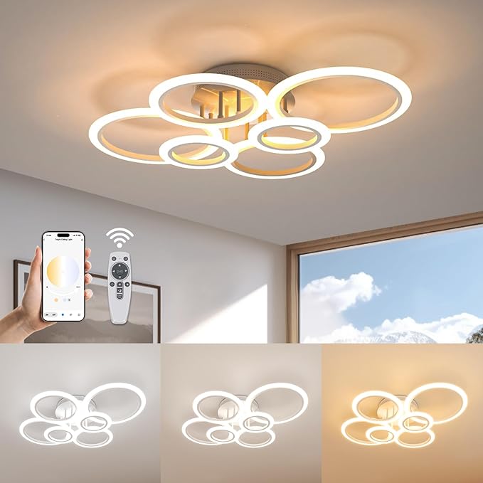 Modern LED Ceiling Light, White 6 Rings Flush Mount Ceiling Light Fixture, with Smart App & Control, 2800-7000K Lighting Fixture Ceiling Lamp for Kitchen, Bedroom, Living Room, Laundry Room