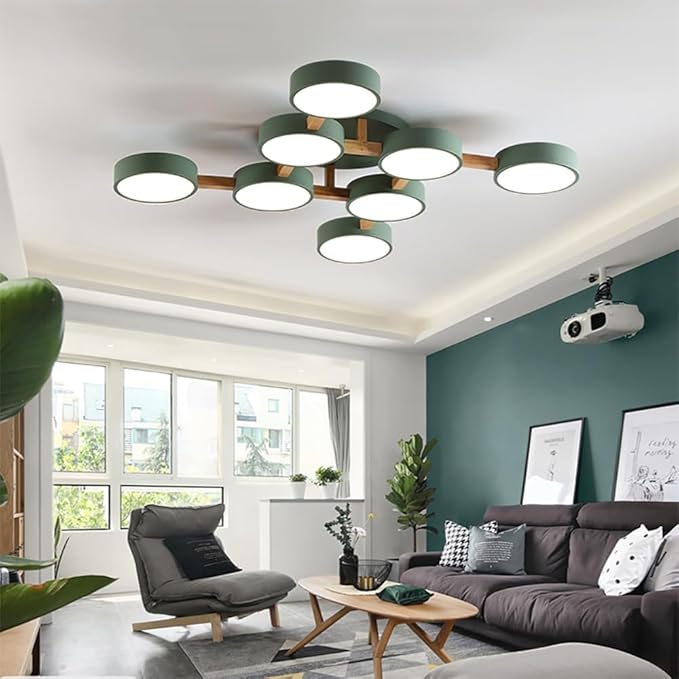 LED Ceiling Light Fixture,44 Inch 8-Lights Modern Ceiling Lights Flush Mount Wooden 96W Chandelier for Living Room Bedroom Kitchen,Dimmable 3000K/4000K/6000K Temperatures Selectable, Green