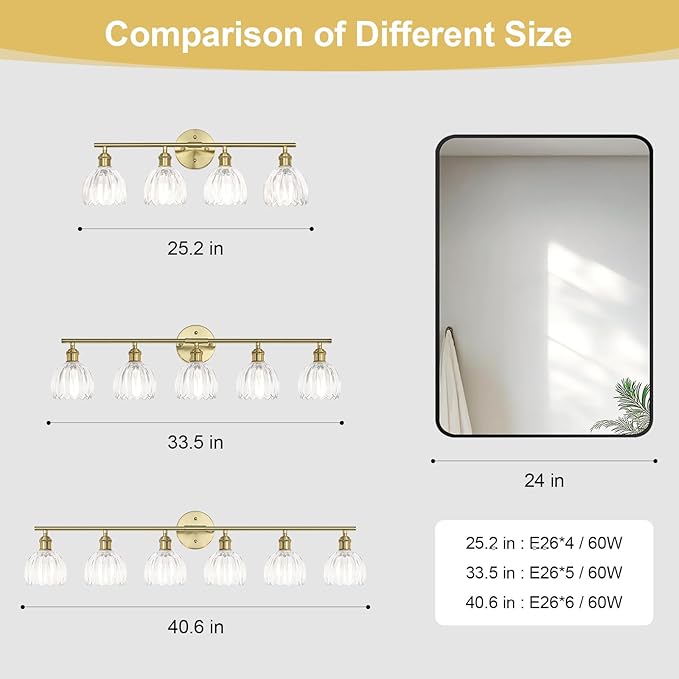 Vintage Bathroom Light Fixtures,6-Light Hardwired Vanity Lights with Clear Tulip Glass Shade,Gold Bathroom Vanity Light for Mirror Restroom,E26 Socket,40.55 in(Bulbs Not Included)