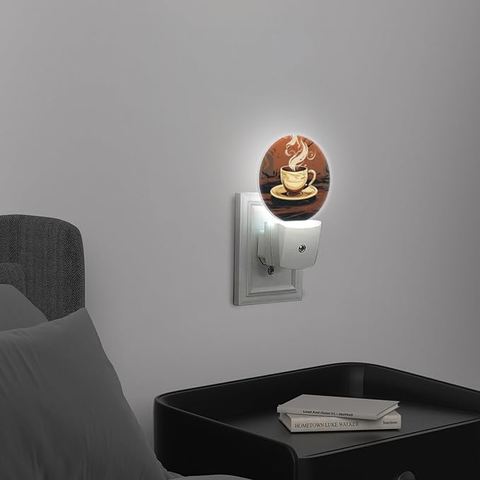 Round LED Night Lights Lamp with Dusk to Dawn Sensor, Steaming Cup of Coffee with Steam Rising Night Light Plug Into Wall for Kids Room, Bedroom, Bathroom, Kitchen, Hallway