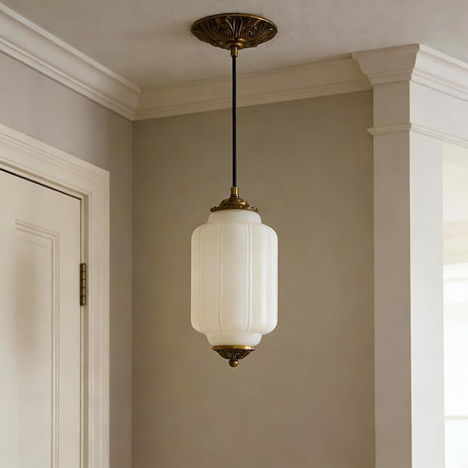 Milk Glass Ceiling Light Fixture,Milk Glass Pendant Light ,Semi Flush Mount Pendant Light Vintage Schoolhouse Ceiling Light for Kitchen Island, Living Room, Dining Room, Bedroom (White, 5.7 Inch)