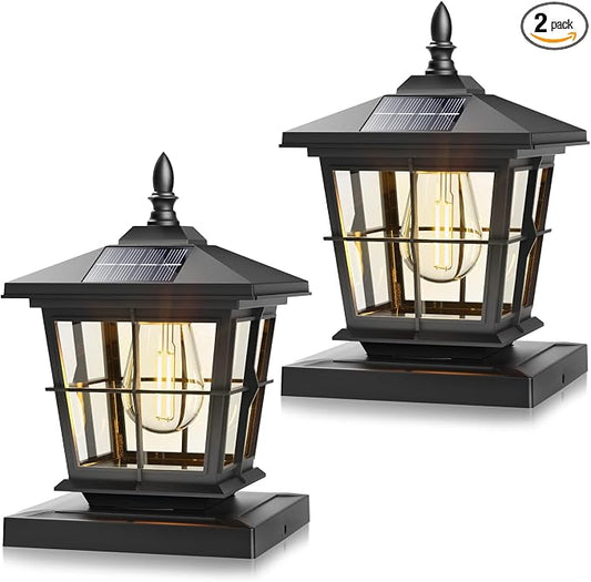 NIORSUN Solar Post Lights Outdoor, Fence Post Solar Lights with 3 Color Temperatures, Edison LED Bulbs Garden Patio Fence Deck Decor, 4x4 Posts Caps, 4x4, 5x5 Wooden & Vinyl (2 Pack,Black)