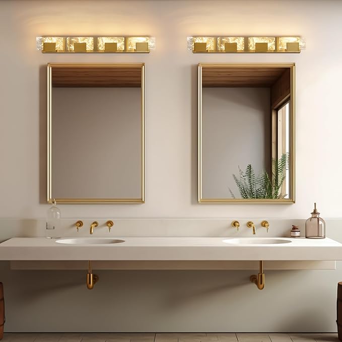 LED Bathroom Vanity Light: 32 inch Brushed Gold Acrylic Modern Lighting Fixtures - 4 Lights Contemporary Smoke Design Wall Lights Fixture Over Mirror 3000K
