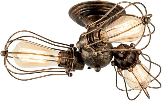 Luling Vintage Ceiling Light Industrial, Adjustable Socket Metal Wire Cage Lamp Semi-Flush Mount Rustic Ceiling Light Metal Lamp Fixtures (No Bulb) (with 3 Light) (Bronze)