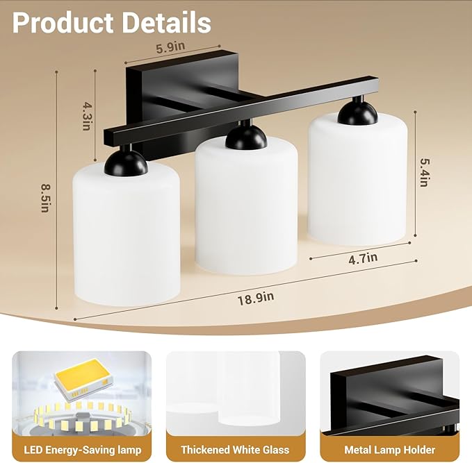 Quntis Black Bathroom Light Fixtures Over Mirror 5 Colors Adjustable, 3 Lights LED Bathroom Vanity Lighting with Milky White Frosted Glass Shade, Energy-Saving LED Vanity Light 18.9 inch