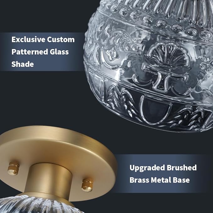 Brass Gold Semi Flush Mount Ceiling Light Fixture, Farmhouse Bathroom Light with 7.09in Glass Shade, Vintage Hallway Lights Fixture, Small Close to Ceiling Lighting for Porch Corridor Kitchen Entryway