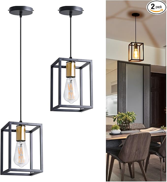 2 Pack Farmhouse Black and Gold Pendant Lights, Hanging Lamps for Living Room Entryway Foyer Indoor, Cage Lantern Kitchen Island Dining Room Light Fixture, Modern Matte Black Industrial Iron Light