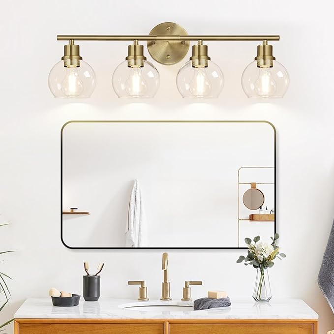 Indoi 4-Light Bathroom Light Fixtures, Brushed Brass Bathroom Lights Over Mirror with Clear Glass Globe Shade, Vanity Lights for Bathroom Kitchen Living Room Hallway Cabinet Bedroom Porch