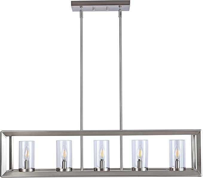 JONATHAN Y 38.5" Nickel Linear 5-Light LED Chandelier, Adjustable Clear Glass Shades Modern Pendant Light Fixture for Kitchen Island, Dining Room, ETL Listed (JYL7414B)