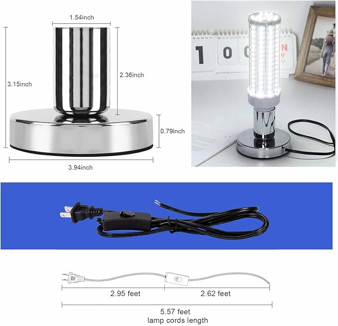 Industrial Table Lamp, Small Polished Metal Desktop Light Socket Base, Vintage E26/E27 Edison Screw Light Bulb Holder, 5.57ft Cord with On/Off Switch and US Plug (Silver)