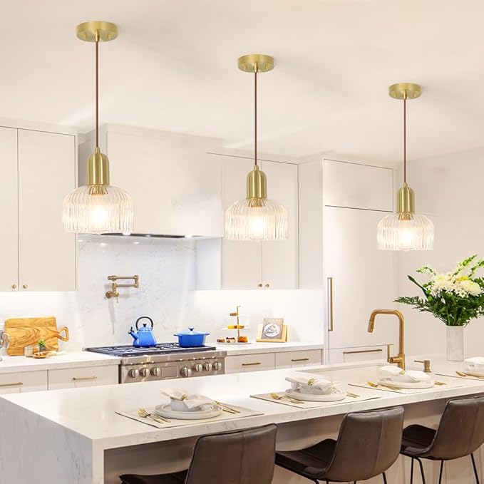 Lxybcce Mid Century Modern Glass Pendant Light, Gold Kitchen Island Pendant Light Fixture, Minimalist Brushed Brass Ceiling Hanging Lamp, Adjustable Hanging Lighting for Barthroom Dining Room Hallway