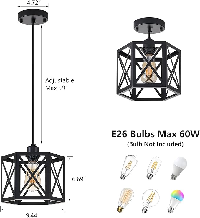 XSDeTu 2 Pack Farmhouse Pendant Lights, Modern Black Hanging Light Fixture with Hexagonal Cage, Industrial Metal Ceiling Lights, Adjustable Lantern Pendant Lighting for Kitchen Island Sink Hallway