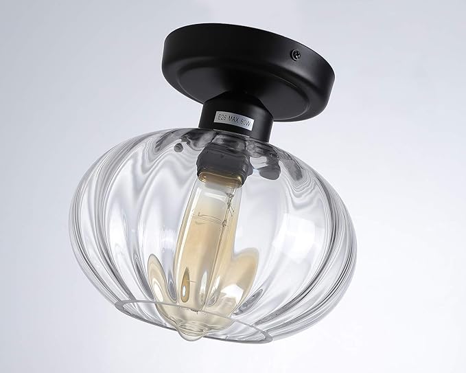 Fivess Lighting Industrial Glass Flush Mount Light Fixture Clear Glass Shade Rustic Semi Flush Mount Ceiling Light for Hallway Entryway Kitchen Farmhouse, Black