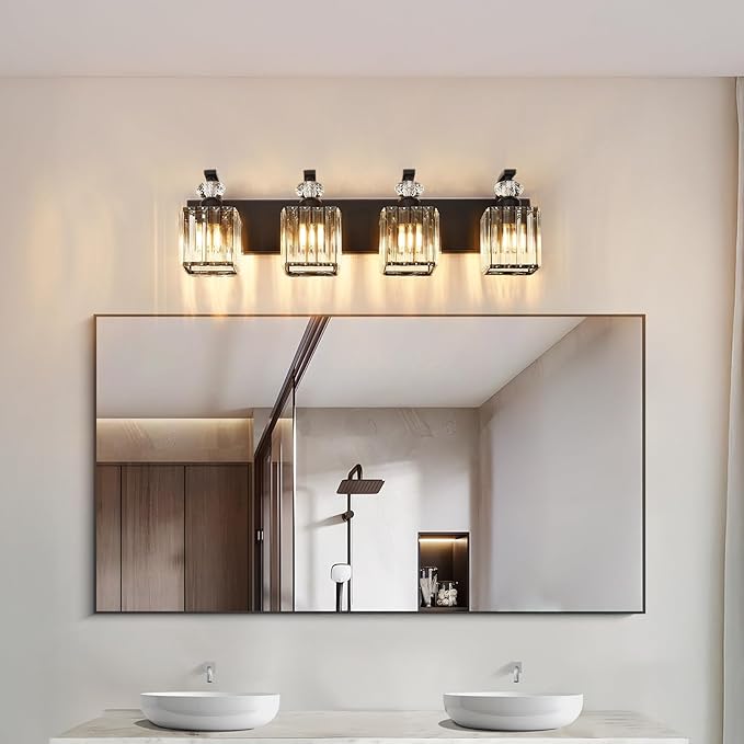 Modern Bathroom Vanity Light, 4-Light Black Bathroom Lighting Fixtures Over Mirror, 28.4" Crystal Wall Light Sconce for Bathroom/Bedroom/Vanity, Includes LED Bulbs, Easy Installation