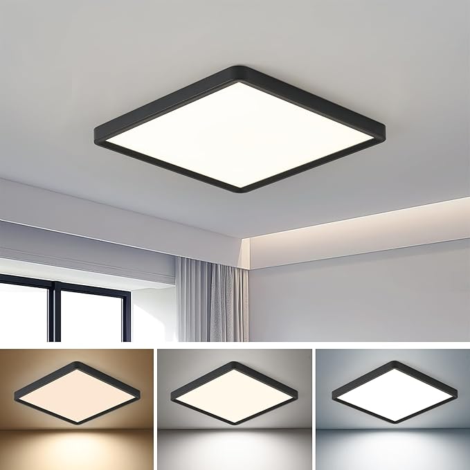 16 Inch Square LED Flush Mount Ceiling Light, 36W 3600LM, 3000K/4000K/6000K CCT Selectable,Black Super Slim Low Profile Ceiling Light Firxtue for Bedroom/Kitchen/Living room/Dinning room/Hallway