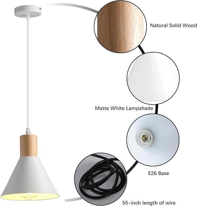Pendant Lights Kitchen Island, 3 Pack Solid Wood Ceiling Hanging Lamp, Modern Matte White Pendant Lighting for Kitchen Over Island Dining Living Room Bedroom