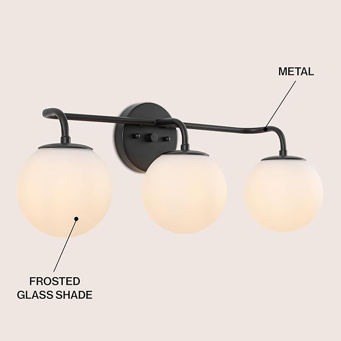 JONATHAN Y 25" Black Modern Globe Wall Sconce Vanity Light for Bathroom, White Frosted Glass Shade, Midcentury Parisian Bistro Wall Lamp, LED Bulb Included (JYL3536B)