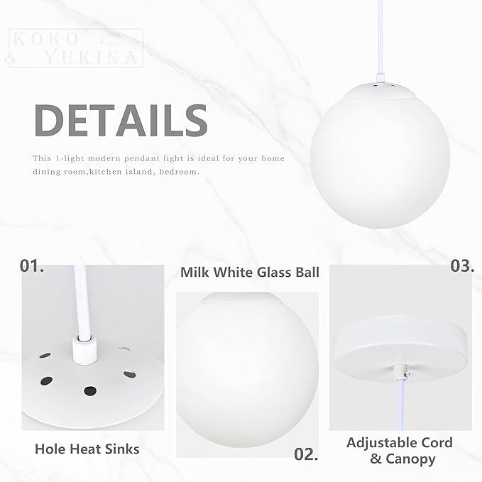 KoKo&Yukina 10 Inch Pendant Light White Globe Pendant Lights Kitchen Island Mid Century Light Fixture Adjustable Globe Pendants Lights with Milky White Glass Shade for Dining Room Living Room