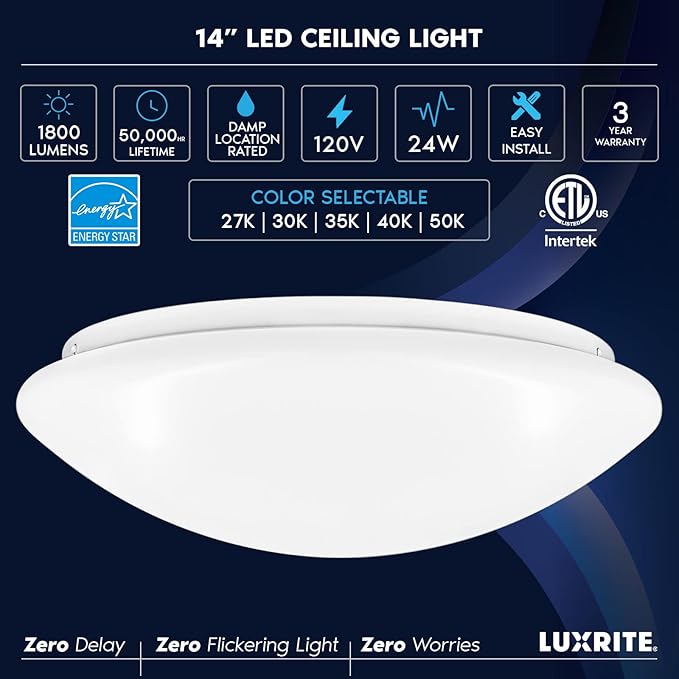 LUXRITE 14 Inch LED Flush Mount Ceiling Light, 25W, 5 CCT Color Selectable 2700K | 3000K | 3500K | 4000K | 5000K, 1875 Lumens, Dimmable Ceiling Light Fixture, Damp Rated, Energy Star, ETL Listed