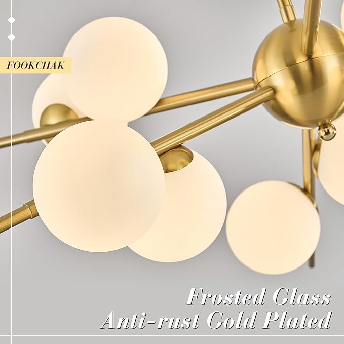 Large Gold Sputnik Chandelier 39in 12-Light Frosted Glass Chandelier Light Fixture Mid-Century Modern Molecular Chandeliers for Living Room Dining Room Foyer Kitchen Bedroom