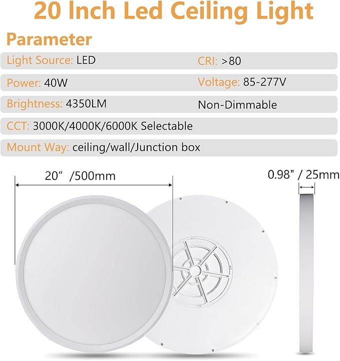 20 Inch LED Flush Mount Ceiling Light, 40W, 4350LM, 3000K/4000K/6000K CCT Selectable Super Slim Round Flat Panel Light for Living Room, Bedroom, Kitchen